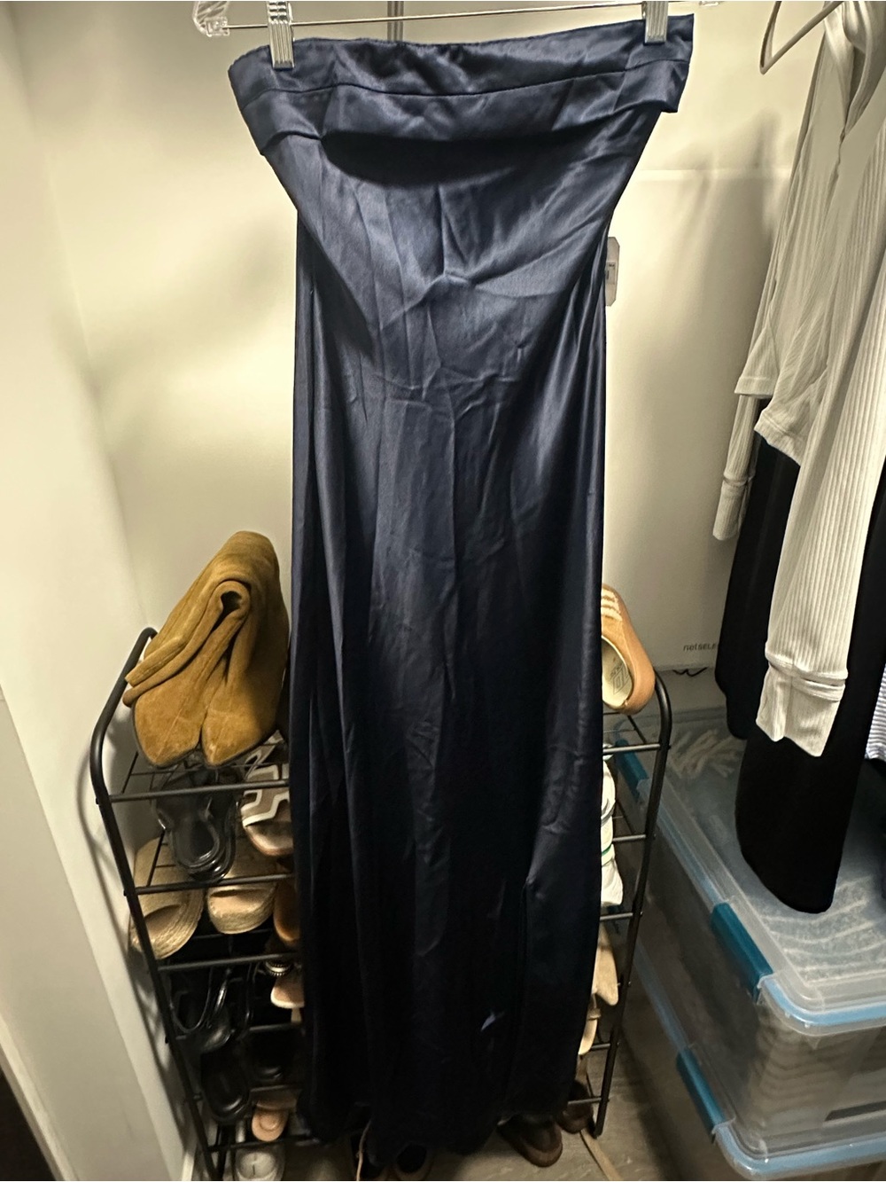Altar'd State Navy Satin Strapless Maxi Gown